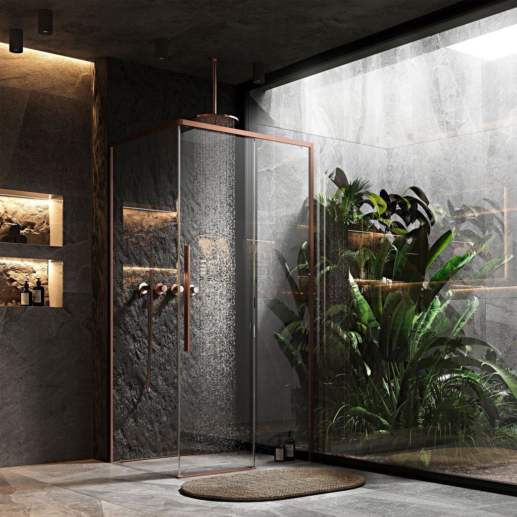 Rea Solar Medená – kompletný sprchovací kút v modernej kúpeľni, medenej profil a číre sklo