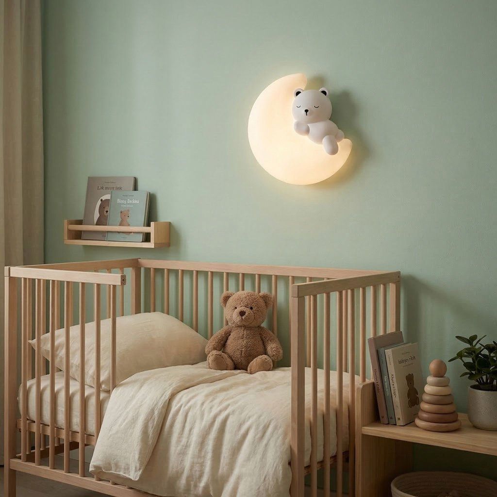 Toolight G180-W biela 3D LED nástenná lampa mesiac s pritúleným medvedíkom – celkový pohľad