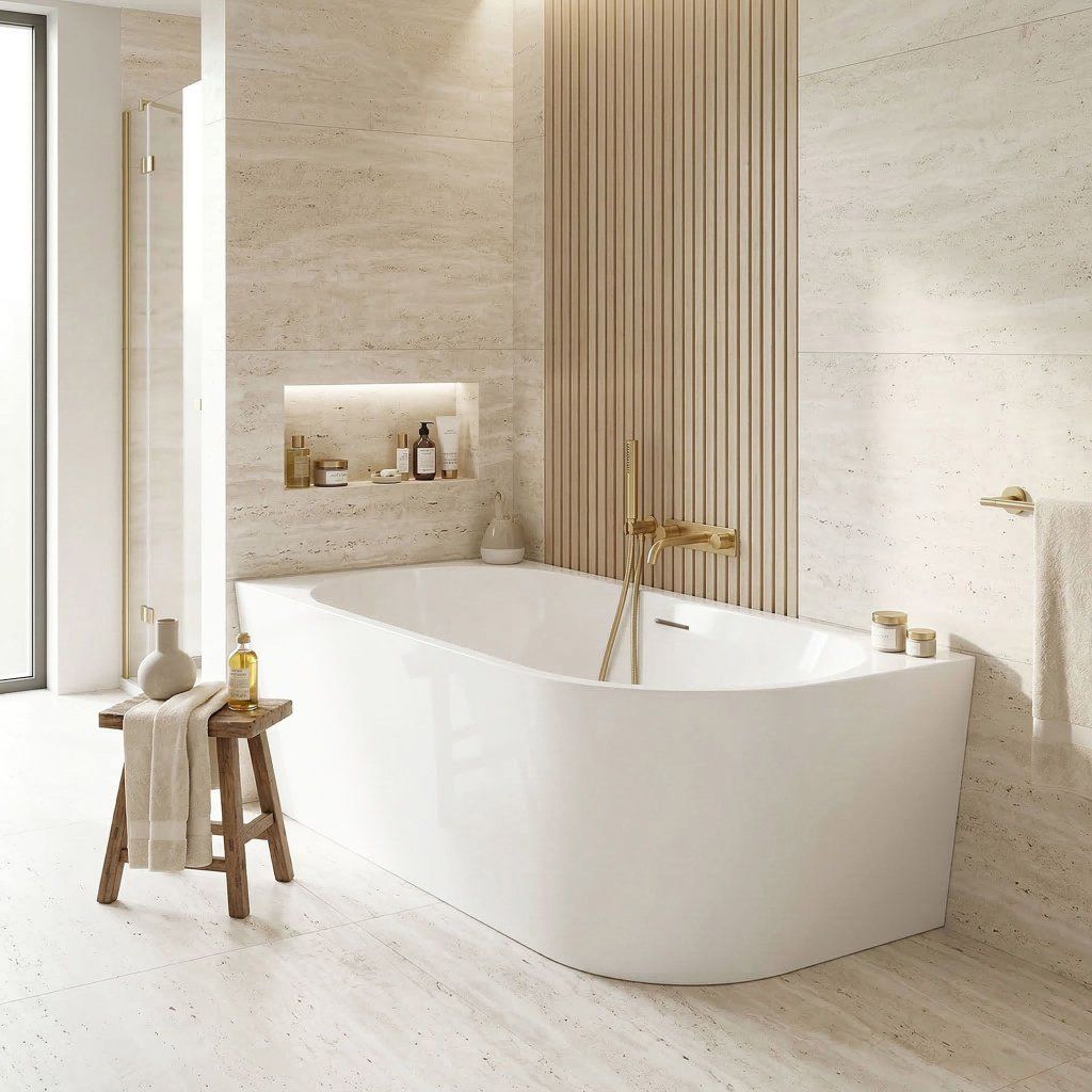 Rea Sydney Bellanto ľavá zlatá krytka – vaňa v kúpeľni so zlatými prvkami, výsledný pohľad