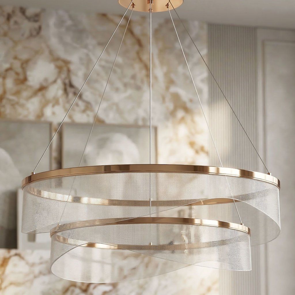 Toolight G146-2CP Gold – detail dvoch zlatých kruhov, transparentné vlnité panely, vertikálna kompozícia
