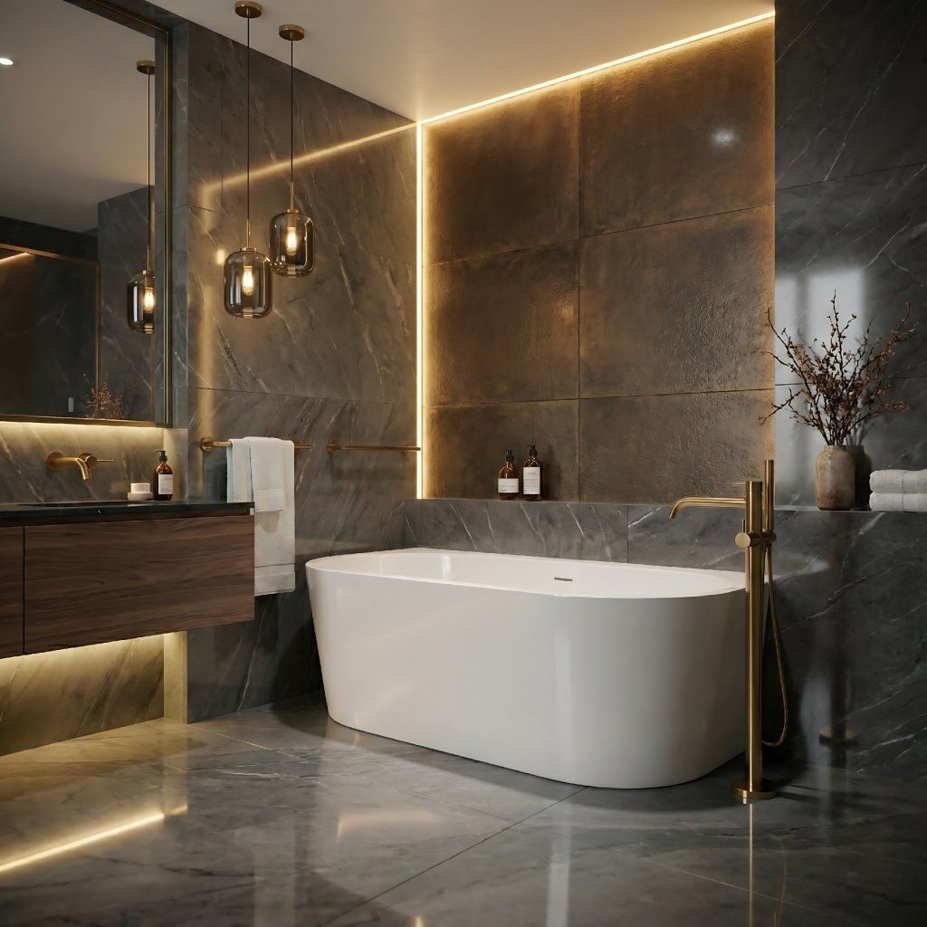 Rea Olimpia – vaňa v modernej kúpeľni, príklopná inštalácia, výsledný interiér