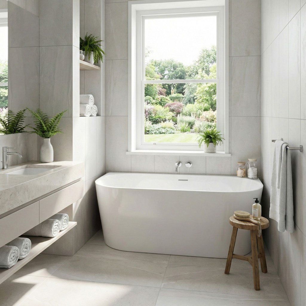 Rea Capri Slim – vaňa v modernej kúpeľni, príklopná inštalácia, výsledný pohľad