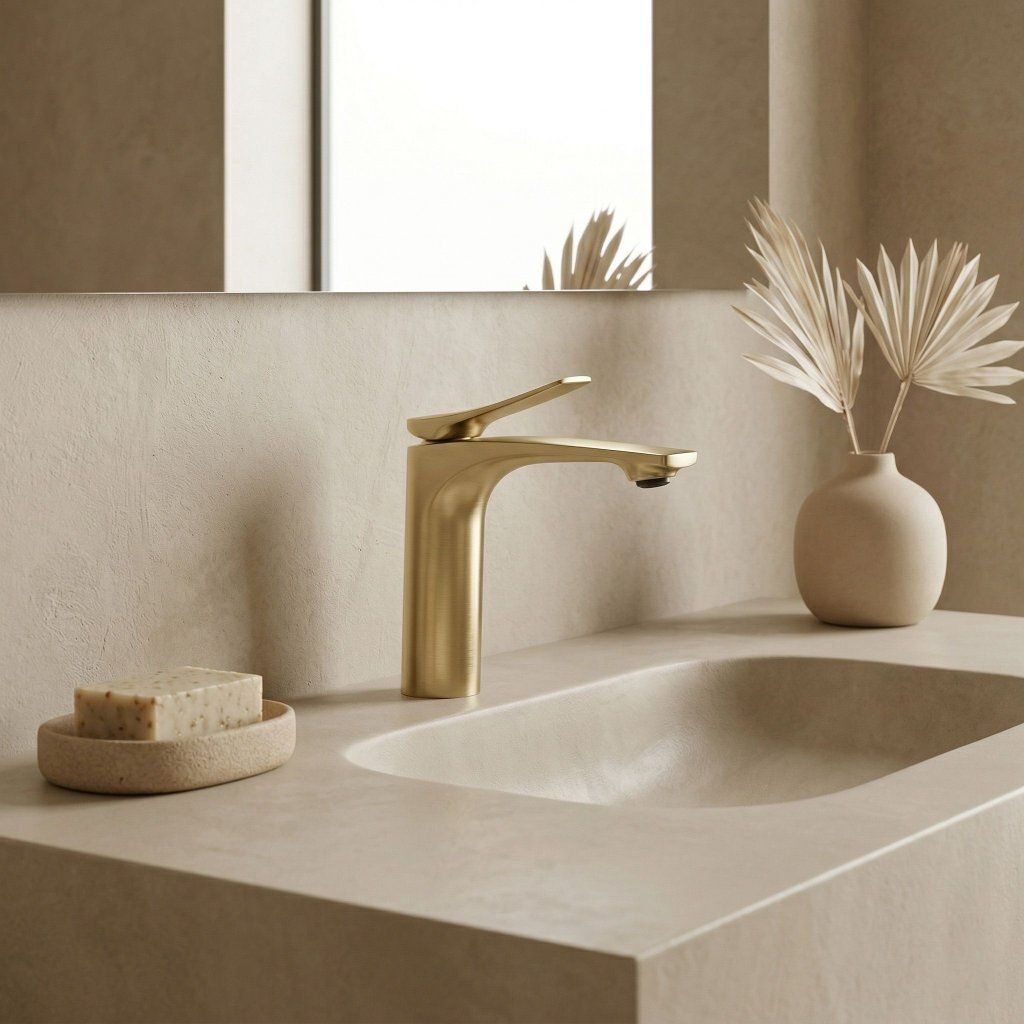 Rea Vision – batéria pri umývadle v kúpeľni, zlatá matná v interiéri