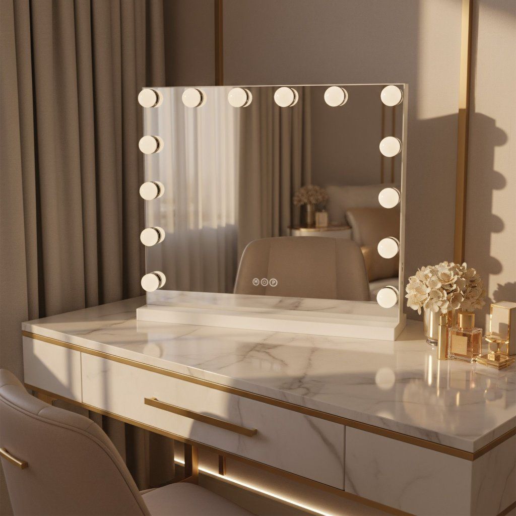 Rea Hollywood biele LED zrkadlo so žiarovkami okolo rámu – celkový pohľad