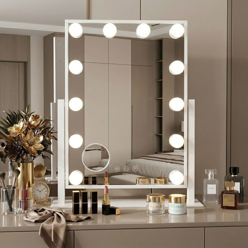 Rea Style White kozmetické LED zrkadlo 300x400 mm s 12 žiarovkami – celkový pohľad