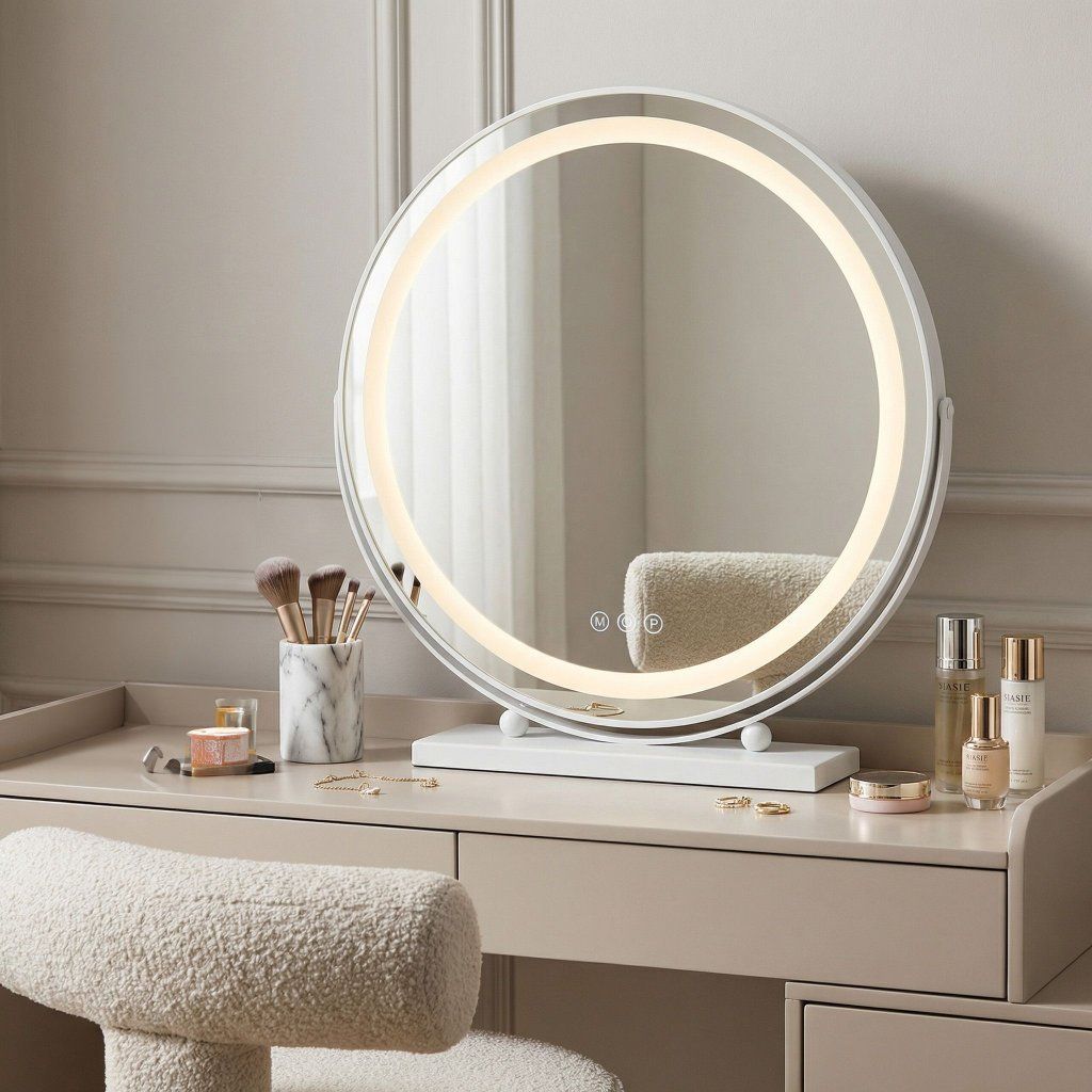 Make-Up White kozmetické LED zrkadlo na stojane biele – celkový pohľad