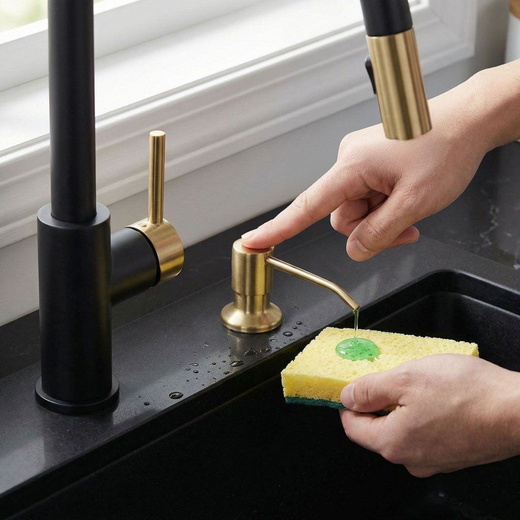 Rea Lon dávkovač na saponát do drezu zlatá matná brúsená 95 mm – celkový pohľad