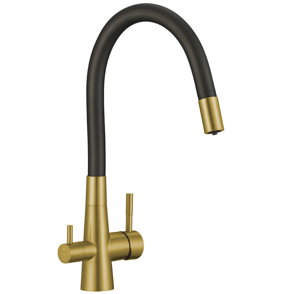 Laveo Riveco kuchynská batéria flexibilný výtok brúsené zlato čierna BRI-G68D
